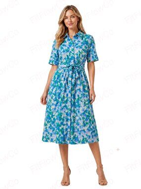 DKNY Floral Cotton Button Front Shirtdress Women 6 Belted Blue Green NWT